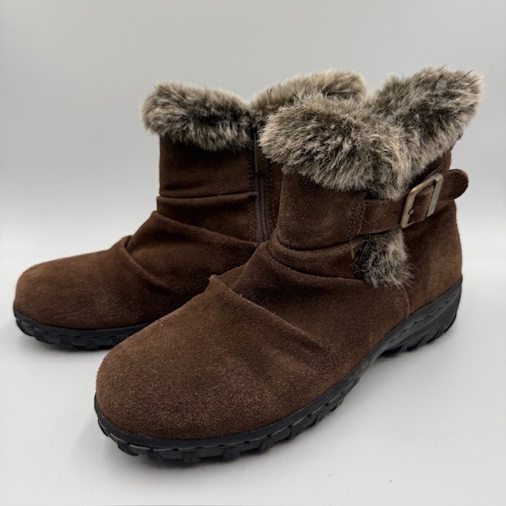 Khombu Brown Suede Faux Fur Trim Slouchy Ankle Boots with Buckle Women's Sz 7